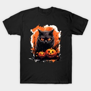 Spooky Black Cat with Halloween Pumpkins T-Shirt